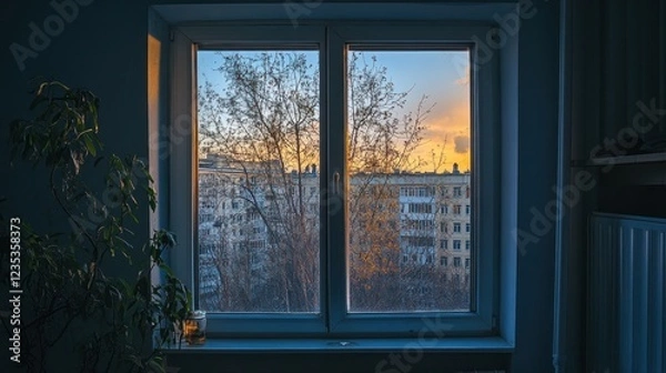 Fototapeta A Window View of an Urban Sunset Through Bare Tree Branches