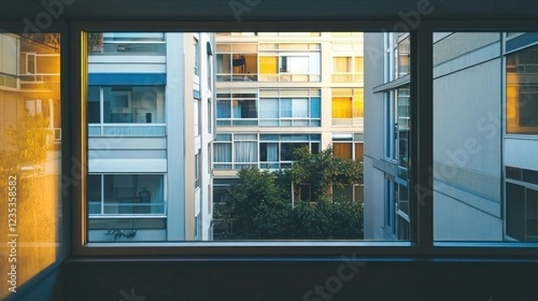 Fototapeta A View from a Window Showing Two Buildings and a Tree
