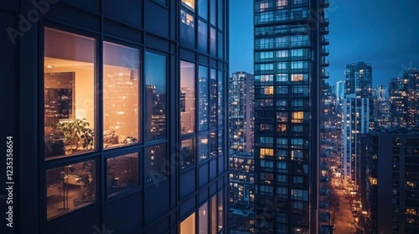 Fototapeta A Window View of an Illuminated Cityscape at Night