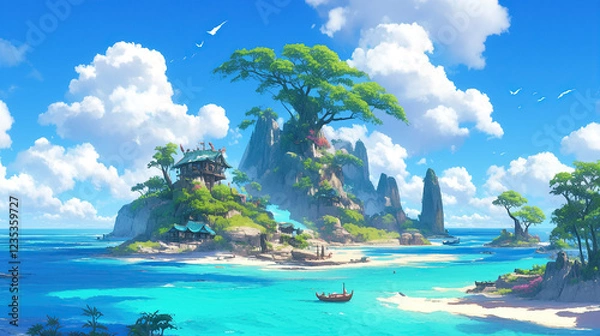 Obraz anime scene tropical island with palm trees