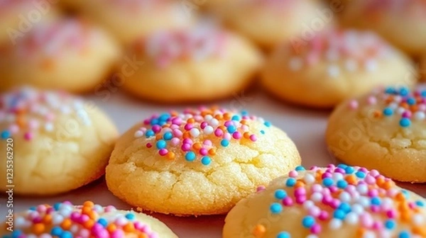 Fototapeta A close-up view of deliciously baked cookies topped with colorful sprinkles that evoke feelings of joy and celebration, perfect for any festive occasion or gathering.