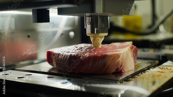 Obraz A modern food printing machine creates intricate designs on a raw beef steak, showcasing innovative culinary techniques and the future of food preparation.