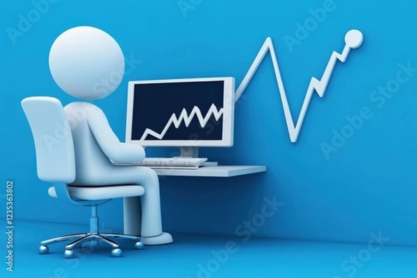 Fototapeta Animated Person Sitting at Desk with Computer and Growth Chart on Background
