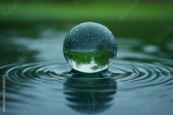 Fototapeta crystal clear water droplet reflects greenery, creating serene atmosphere. ripples around it enhance tranquil scene, showcasing nature beauty