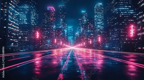 Fototapeta Cyberpunk Cityscape: Neon Nightscape on a Wet Road
