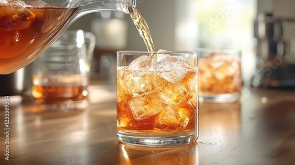 Obraz Refreshing iced tea being poured into a glass with ice, set in a cozy kitchen