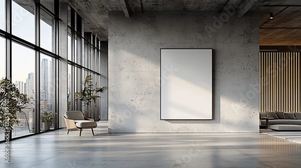 Fototapeta Modern Loft Apartment with City View and Blank Canvas