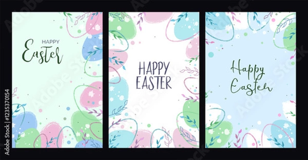 Fototapeta Happy Easter. Hand drawn textured eggs and spring floral. Holiday poster, banner, greeting card. Vector illustration