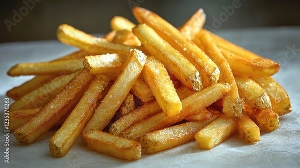 Obraz Golden crispy French fries piled high on a rustic surface, ready to be served