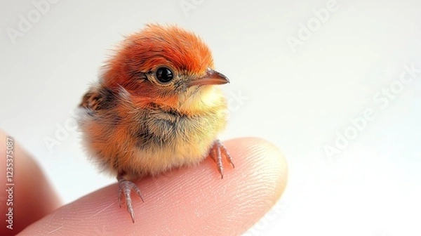 Obraz A tiny, vibrant bird perched delicately on a finger against a soft, blurred background