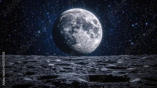 Obraz Stunning view of the moon rising over a cratered lunar landscape under a starry sky