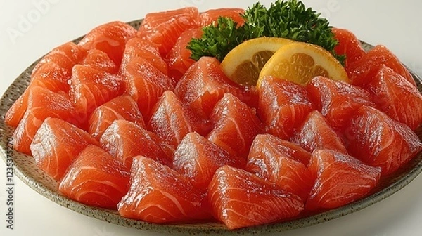 Obraz Freshly sliced salmon sashimi arranged beautifully on a plate with lemon and garnish