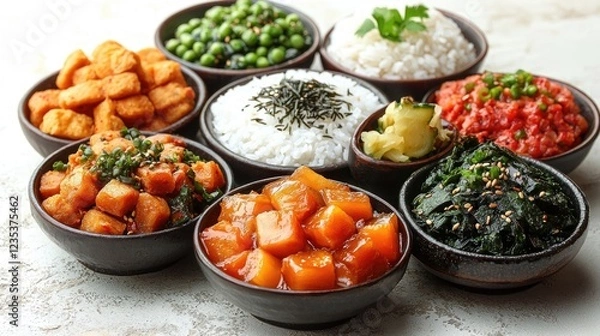 Obraz A vibrant display of assorted Asian dishes in bowls, featuring rice, vegetables, and garnishes
