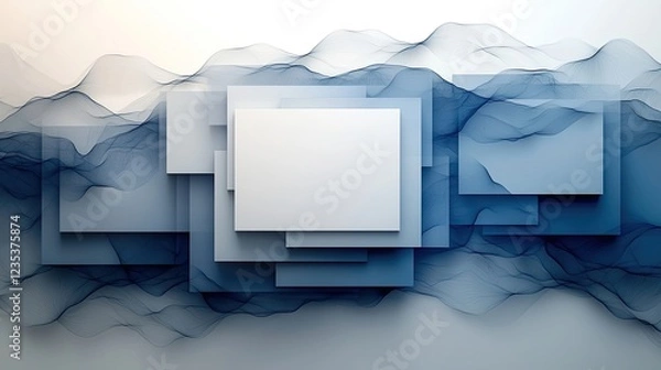 Obraz Abstract composition of layered translucent shapes with flowing blue waves in background