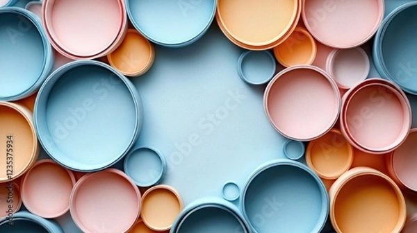 Obraz Colorful arrangement of round plates in pastel shades on a soft blue background