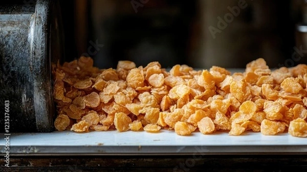 Fototapeta A rustic scene of spilled orange snacks cascading from a container on a wooden table
