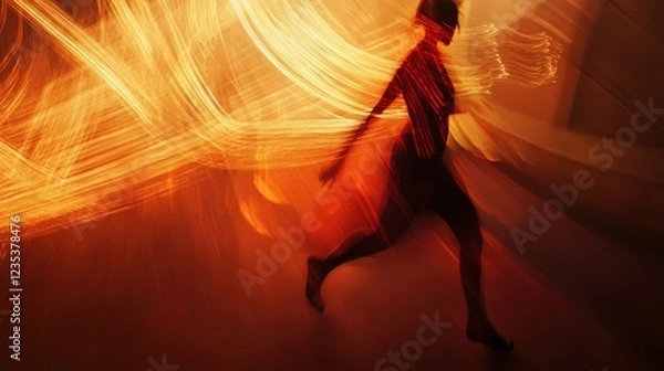 Fototapeta Silhouette of a Person Running Through a Stream of Golden Light