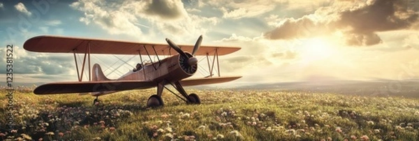 Fototapeta Vintage biplane rests on a grassy field with vibrant flowers under a beautiful sunny sky. Generative AI