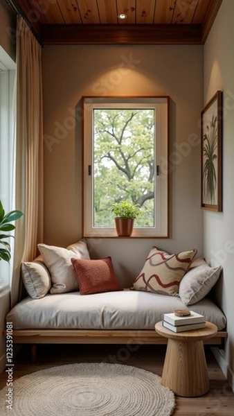 Fototapeta A cozy reading nook with a window view