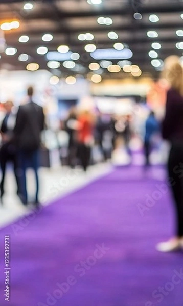 Fototapeta Blurred people networking at a busy conference expo event with purple carpet