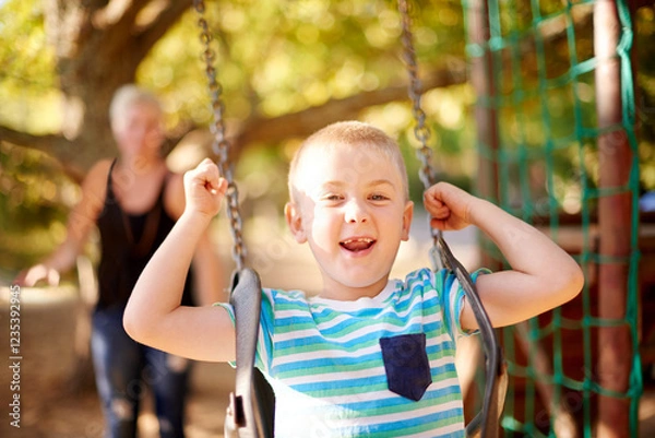 Fototapeta Swing, push and portrait of boy with mom, outdoor adventure and development for kids in park. Play, mother and happy child in playground for growth, fun games or childhood bonding on summer weekend