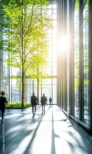 Fototapeta Business people walking in modern office atrium with trees and sunlight