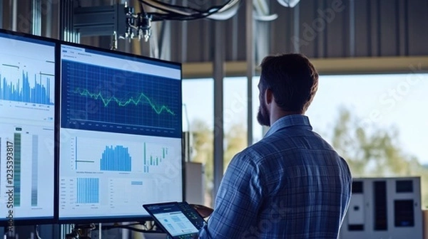 Fototapeta A renewable energy consultant analyzing efficiency metrics of solar inverters at a solar energy facility, with inverters and data analytics screens visible, Solar inverter efficiency analysis scene