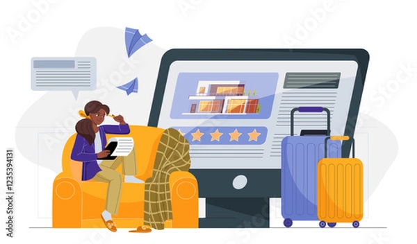 Fototapeta Room reservation online. Young girl with smartphone choose apartment to booking. Mobile application for travelers and tourists. Tourist prepare to trip. Flat vector illustration