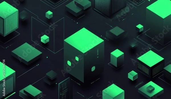 Obraz Abstract isometric green cubes and lines on dark background.