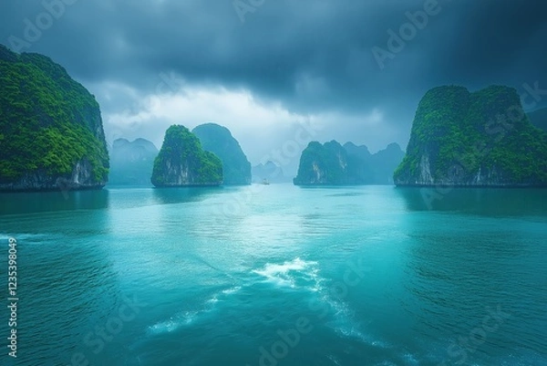 Fototapeta Serenity over emerald waters with dramatic cliffs in a misty seascape at dawn
