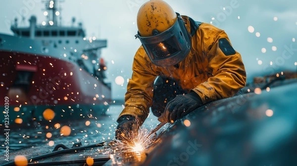 Fototapeta A skilled worker in protective gear welding on a metal surface near a ship, surrounded by sparks and dramatic lighting at dusk