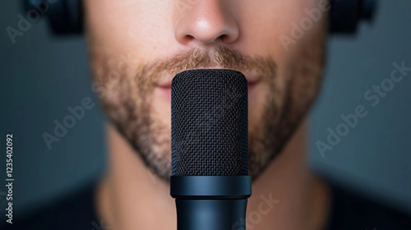 Fototapeta A close-up of a bearded man speaking into a professional microphone, capturing details of voice recording and podcasting.