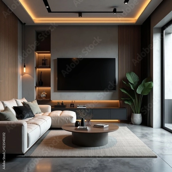 Fototapeta Modern living room with white couch, flat-screen TV, and wooden coffee table