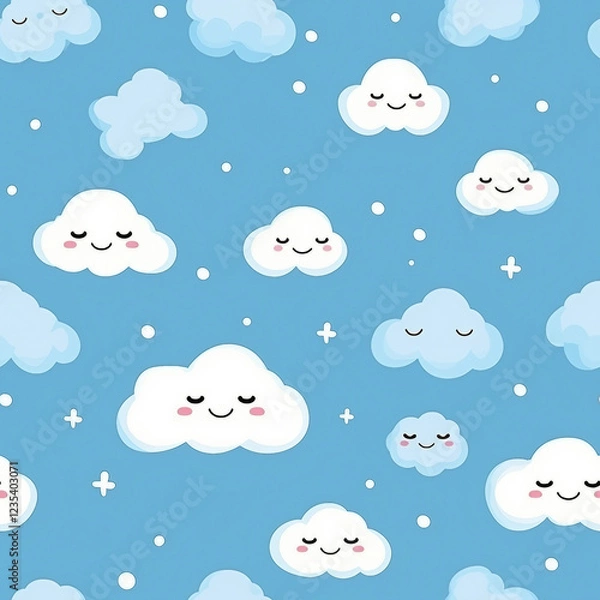 Obraz A blue background with a pattern of clouds with smiling faces
