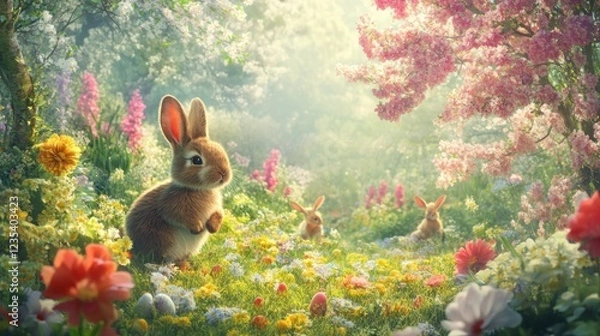Fototapeta Adorable Bunny in a Springtime Meadow with Easter Eggs