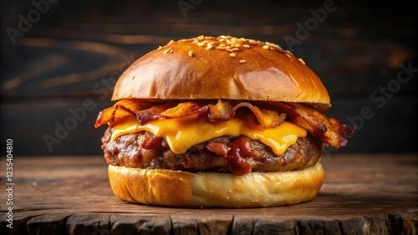 Fototapeta Juicy beef patty, crispy bacon and melted yellow cheese on a toasted bun, cheese, triple-meat,  cheese, triple-meat