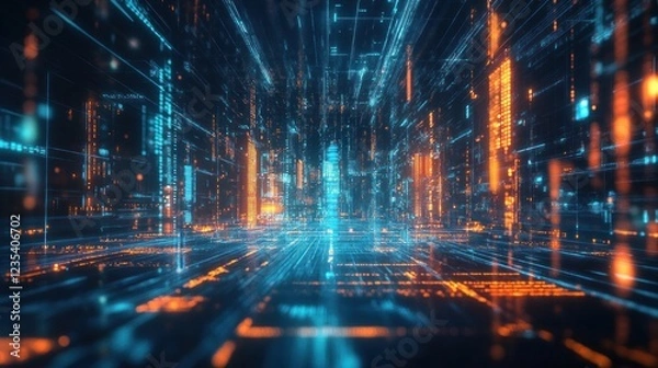 Fototapeta Abstract Digital Cityscape with Glowing Lines and Data