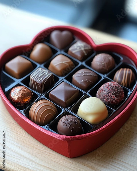 Obraz Valentine’s Day Chocolates Arranged in a Red Heart-Shaped Box, Symbolizing Love and Sweetness in a Classic Romantic Gift Presentation for the Special Occasion