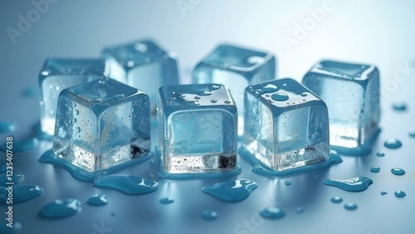 Fototapeta Single melting ice cube with water droplets on a reflective wet surface	