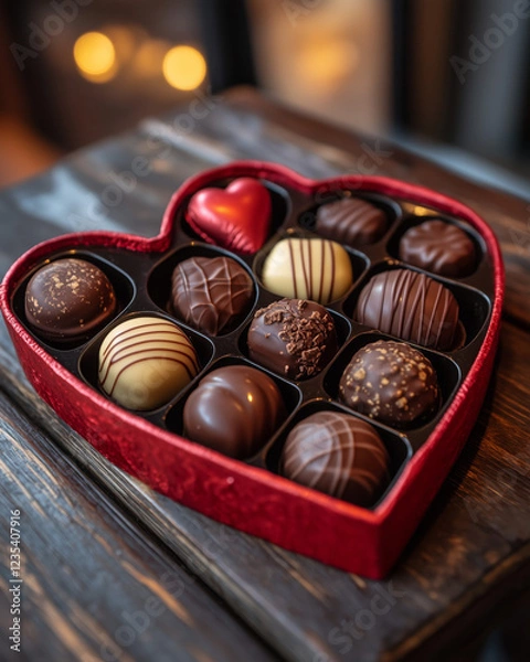 Obraz Valentine’s Day Chocolates Arranged in a Red Heart-Shaped Box, Symbolizing Love and Sweetness in a Classic Romantic Gift Presentation for the Special Occasion