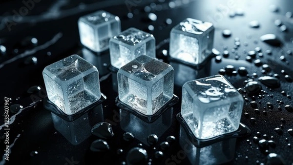 Fototapeta Melting ice cubes with water droplets on a black marble surface with reflections	