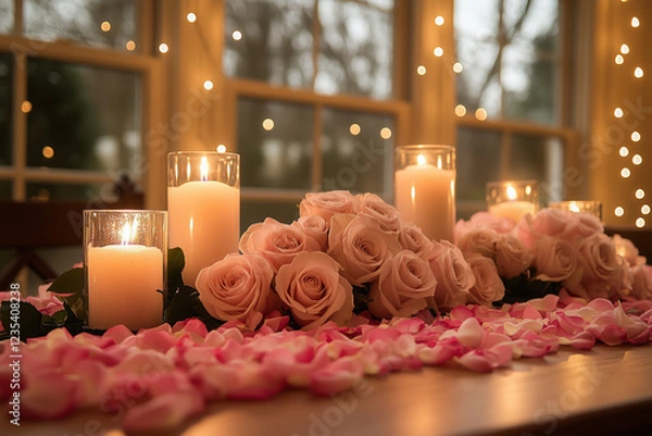 Obraz Luxurious Valentine's Day Table for Two with Pink and White Roses, Heart-Shaped Decor, Candles, and Fairy Lights, Creating a Soft, Romantic and Magical Ambiance