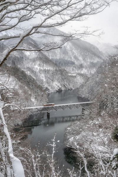 Fototapeta 福島県三島町　雪の舞う只見線の風景
