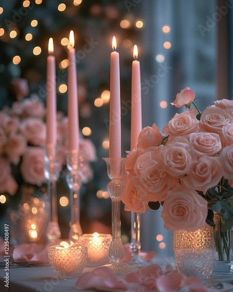 Obraz Luxurious Valentine's Day Table for Two with Pink and White Roses, Heart-Shaped Decor, Candles, and Fairy Lights, Creating a Soft, Romantic and Magical Ambiance