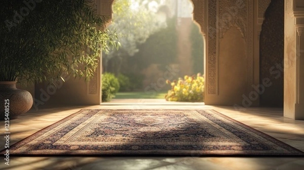 Fototapeta Ornate Rug in a Sunlit Room with an Open Archway