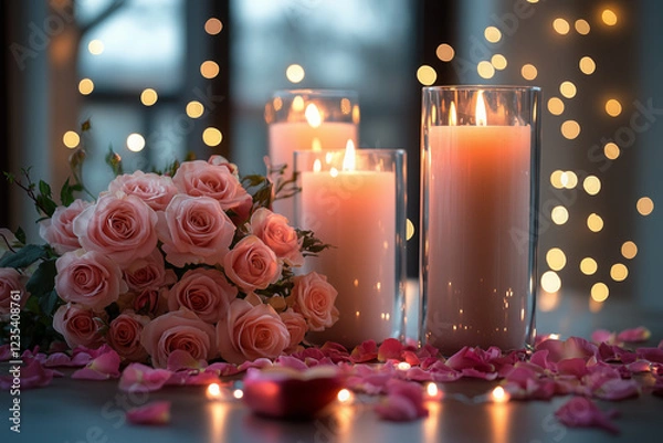 Obraz Luxurious Valentine's Day Table for Two with Pink and White Roses, Heart-Shaped Decor, Candles, and Fairy Lights, Creating a Soft, Romantic and Magical Ambiance