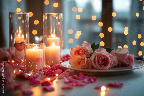 Obraz Luxurious Valentine's Day Table for Two with Pink and White Roses, Heart-Shaped Decor, Candles, and Fairy Lights, Creating a Soft, Romantic and Magical Ambiance