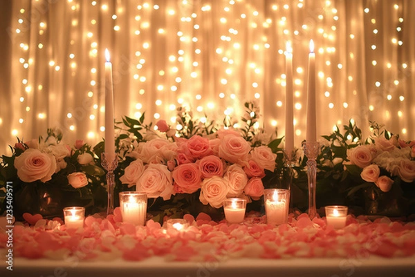 Obraz Luxurious Valentine's Day Table for Two with Pink and White Roses, Heart-Shaped Decor, Candles, and Fairy Lights, Creating a Soft, Romantic and Magical Ambiance