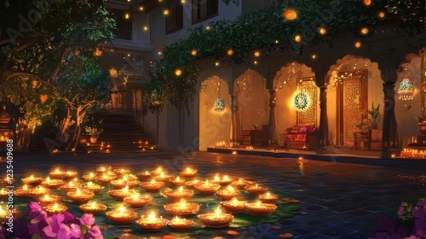 Fototapeta Illuminated Courtyard with Floating Candles and Ornate Doorway
