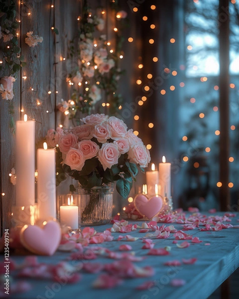 Obraz Luxurious Valentine's Day Table for Two with Pink and White Roses, Heart-Shaped Decor, Candles, and Fairy Lights, Creating a Soft, Romantic and Magical Ambiance